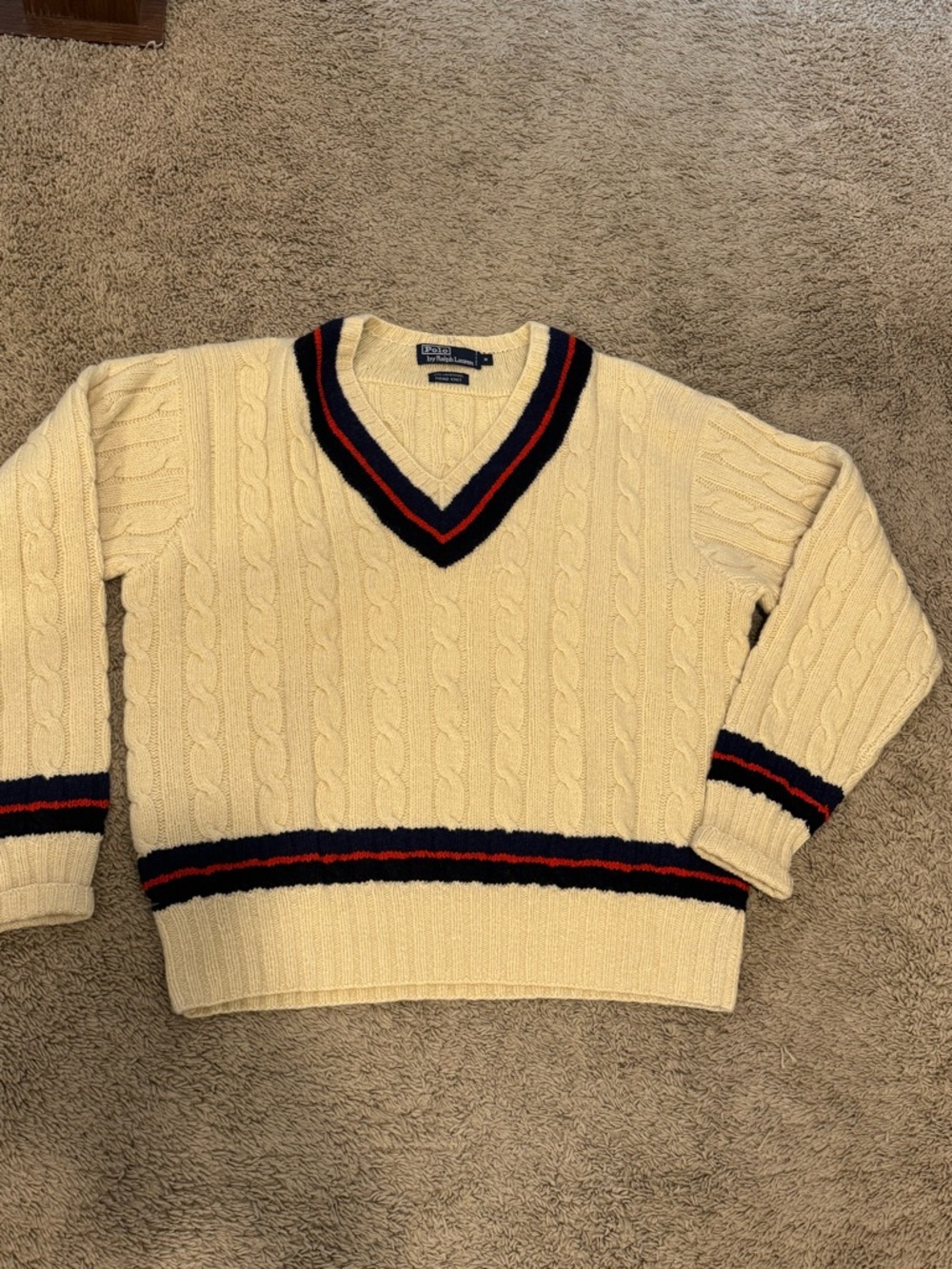 Vintage Ralph Lauren Cream/ yellowCable-Knit V-Neck Sweater with Navy & Red Trim